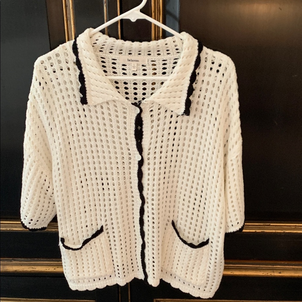 Lalavon White and Black Open Knit Cardigan